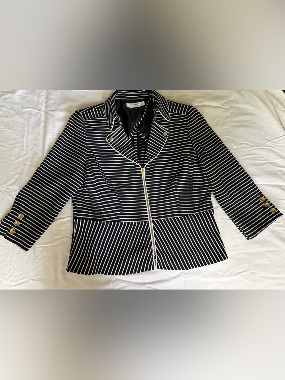 Tahari Black and White Striped Zip Blazer with Gold Accents Size 16
